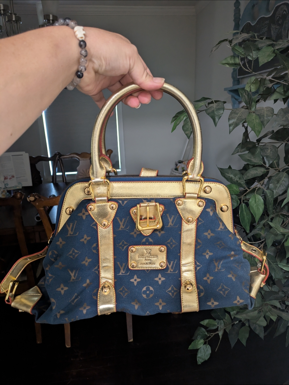 Louis Vuitton Navy Monogram Canvas Satchels And with Gold Leather Trim